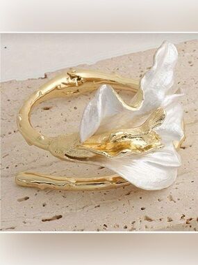 Gold Sculpted Floral Cuff Bracelet • Pearl Petal Statement • Chic Minimal Luxury